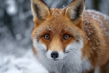 Fototapeta premium A red fox is captured in a snowy landscape, its bright fur contrasts beautifully with the white snow. The fox looks directly at the viewer, showcasing its keen eyes and alert expression