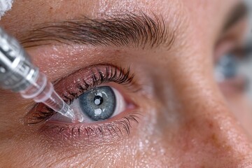 Close-up of an eye with a syringe-like dropper applying liquid near the cornea for eye treatment