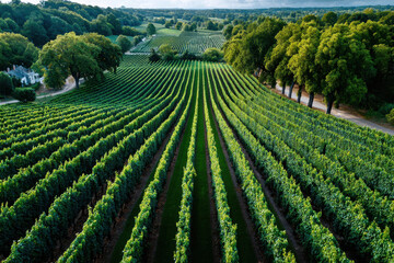 Aerial view of lush green vineyard rows and trees