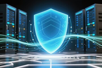 A luminous and glowing shield that represents cybersecurity protection over data servers and various technology