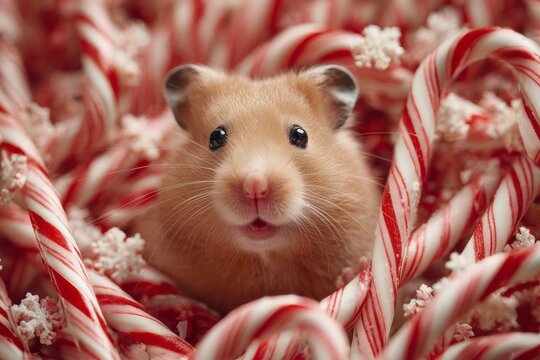 A small, adorable hamster peers out from a pile of red and white candy canes. The scene is filled with a cozy, holiday atmosphere, perfect for winter festivities