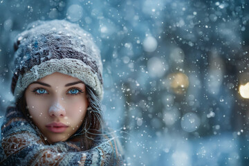 Jeune femme emmitoufl&eacute;e sous la neige avec bonnet et branches givr&eacute;es dans un d&eacute;cor hivernal bleu avec espace n&eacute;gatif copyspace pour visuel saisonnier centr&eacute; sur le froid et l&rsquo;esth&eacute;tique de l&rsquo;hiver