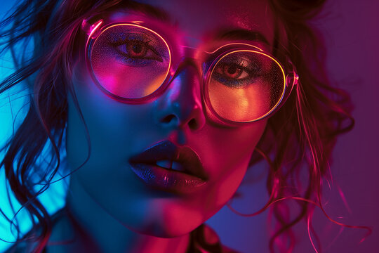 Jeune femme portant de grandes lunettes rondes &eacute;clair&eacute;e par des lumi&egrave;res n&eacute;on roses et bleues en gros plan pour visuel li&eacute; aux m&eacute;tiers de l&rsquo;optique, de l&rsquo;opticien et de la lunetterie