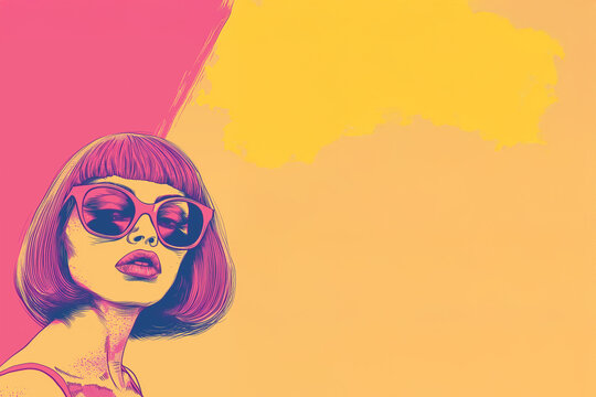 Jeune femme aux lunettes roses stylis&eacute;es dans un visuel pop art jaune et rose avec espace n&eacute;gatif copyspace pour cr&eacute;ation graphique, design moderne et communication visuelle