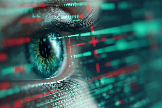 Close-up of a human eye overlaid with fast-moving red and green data streams. Symbolizes digital identity, cybersecurity, AI analysis, technological surveillance, and data overload.