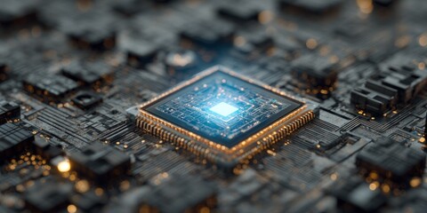 Close-up of a modern CPU on a circuit board with glowing blue light.