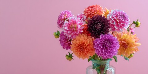 Colorful Dahlia Bouquet in Glass Vase on Pink Background.