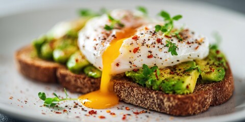 Delicious Avocado Toast with Poached Egg and Fresh Herbs.