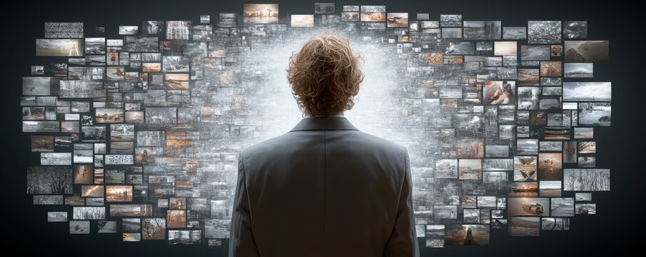 Businessman standing with back to camera among a wall of screens showing digital imagery and data visualization - Powered by Adobe