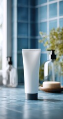 Minimalist Bathroom Scene with White Tube and Blue Tiles.