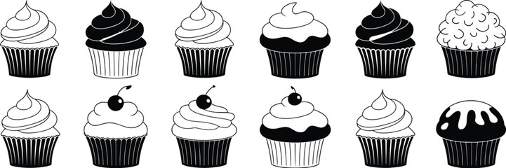 Cupcake silhouette set, frosting and topping variations, black and white dessert icons, stylized bakery treats, flat vector illustration
