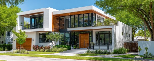 Modern two-story house with large windows and a flat roof.
