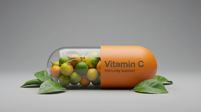  Vitamin C capsule holds citrus fruits with leaves. Illustrates healthy lifestyle, supplement promotion, pharmaceutics, and vitamin-related marketing on grey product staging. Vitamin C Supplement