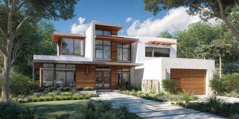Modern House Design with Lush Greenery and Blue Sky.