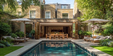 Serene Backyard Oasis - Swimming Pool, Lush Garden, and Modern Architecture.