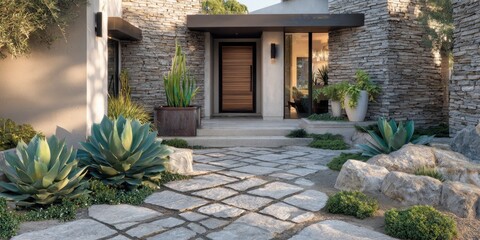 Modern home exterior with stone facade and desert landscaping.