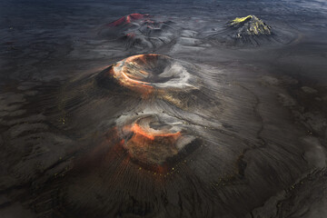 Aerial View of Volcanic Craters and Lava Fields in Icelandic Highlands