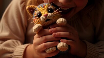 Girl finishes crocheting a colorful kitten with skilled hands in a cozy setting