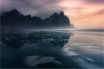 Moody Sunset Reflections at Vestrahorn Mountain in Iceland