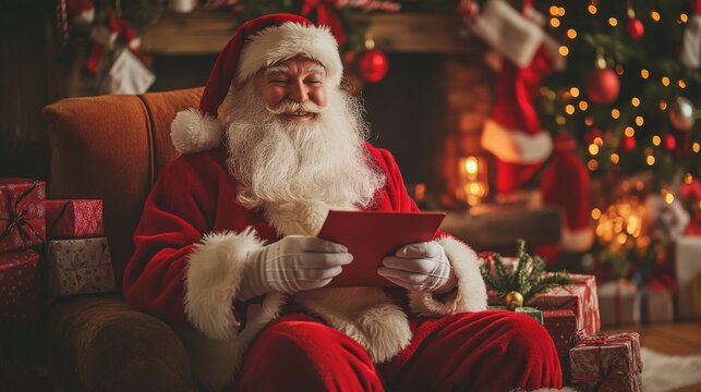 Santa Claus enjoys a cozy moment in front of a Christmas tree. He reads letters while surrounded by colorful presents, spreading holiday cheer and warmth during the festive season - Powered by Adobe