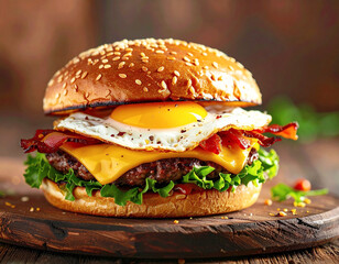 Cheeseburger with bacon and a fried egg on a wooden board. AI