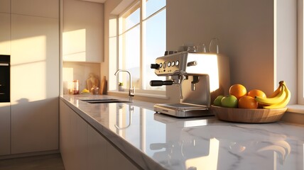 A sunlit modern kitchen counter gleams with a sleek espresso machine and a bowl of fresh fruit