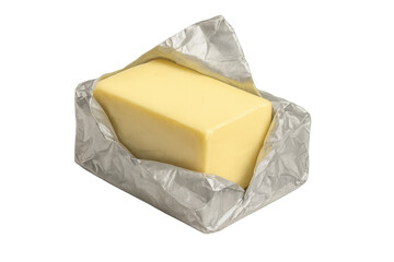 Butter stick partially unwrapped in its foil, ready for baking and cooking, on a transparent background