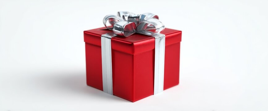 A bright red gift box with a shiny silver bow is placed on a smooth white surface. This festive decoration adds a cheerful touch for birthdays or holidays - Powered by Adobe