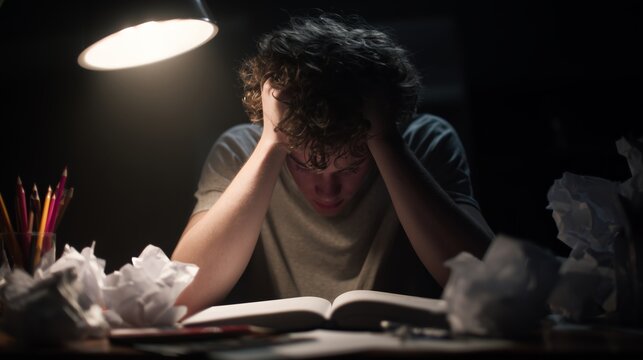 Homeschooled boy struggles with math assignments late at night under a desk lamp