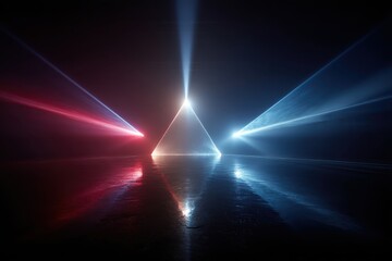 Fototapeta premium Two diagonal laser beams cross in red, blue and white against a black cosmic background