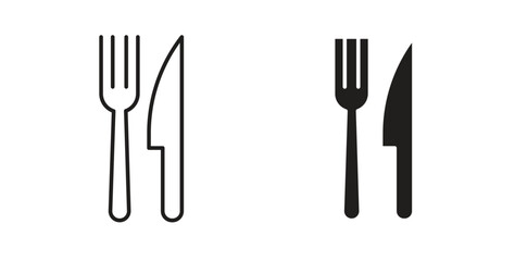 Fork and Knife icon in line design and solid black and white colors for designs