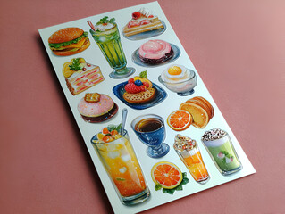 Collection of small, cute photo stickers featuring a mix of food, including sweets, drinks, and snacks arranged on a sheet.