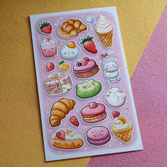 A colorful sheet of kawaii-style dessert stickers featuring pastries, cupcakes, and sweets in soft pastel colors