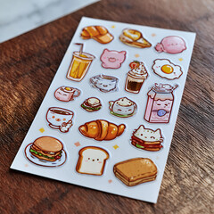 Collection of small, cute photo stickers focused on various desserts, cakes, and sweet treats arranged on a sheet.