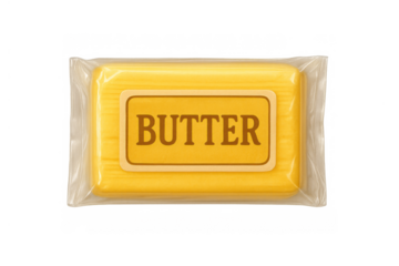 Butter block packaged in clear plastic wrap with a butter label, a common dairy ingredient used in kitchens