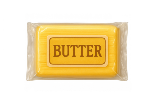 Butter block packaged in clear plastic wrap with a butter label, a common dairy ingredient used in kitchens