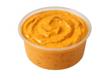 Creamy orange dip in plastic takeaway cup, spicy sauce condiment for fast food snacks with transparent background