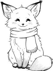 A charming line-art sketch of a fox wearing a cozy scarf, perfect for coloring books or character design
