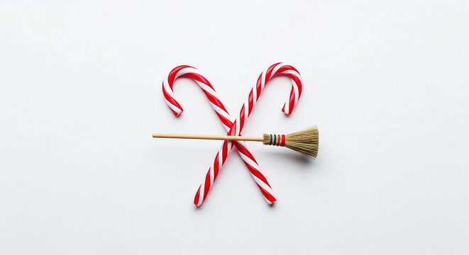 Two red and white striped candy canes crossed with a small straw broom christmas sweet