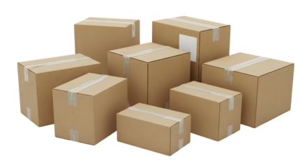 Stacked Group of Eight Sealed Brown Cardboard Shipping Boxes, isolated on transparent background