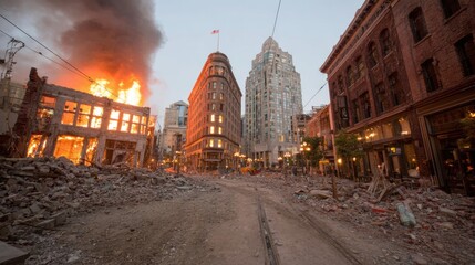Intense urban fire engulfing buildings in destroyed downtown