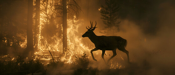 Dramatic silhouettes of deer or elk running through a hazy, smoke-filled forest landscape illuminated by the orange and red glow of a severe spreading wildfire.