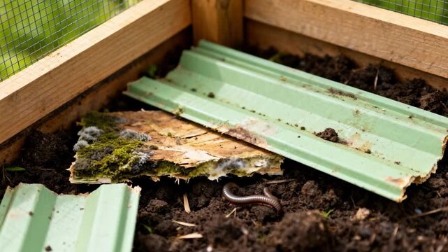Medium shot of biodegradable siding waste decomposing in a controlled compost bin showcasing environmentally safe disposal practices for building materials.