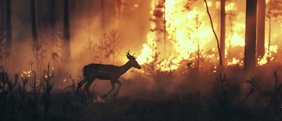 Dramatic silhouettes of deer or elk running through a hazy, smoke-filled forest landscape illuminated by the orange and red glow of a severe spreading wildfire.