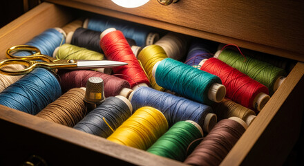 Spools of thread and scissors in drawer