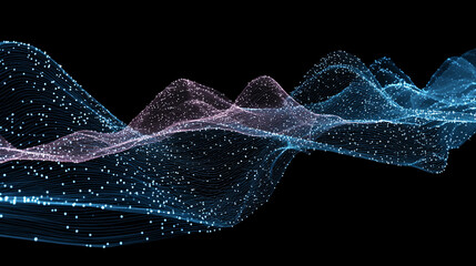 Abstract geometric data waves forming smooth flowing digital patterns with interconnected lines and glowing nodes creating a futuristic visualization of information flow technology networks and analyt