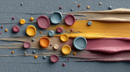Textured paint strokes with circular colorful pigment accents