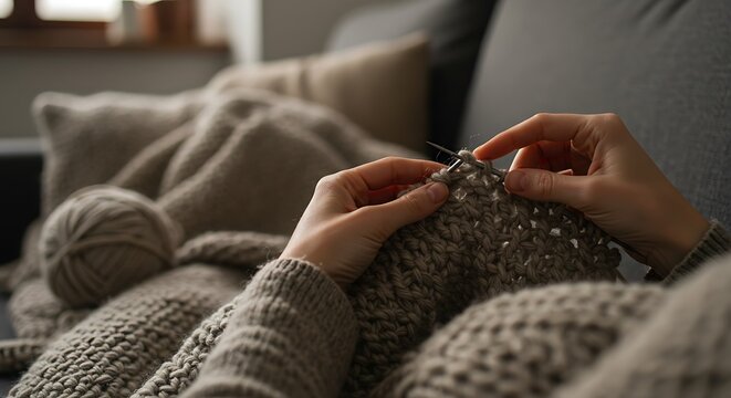 Hands knitting a cozy woolen blanket on a sofa, a warm and relaxing home craft activity