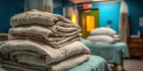 Stacks of folded linens and pillows in a spa treatment room.