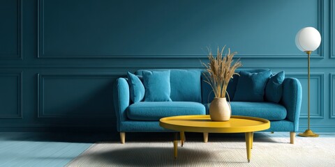Stylish Teal Living Room with Yellow Accents and Modern Decor.